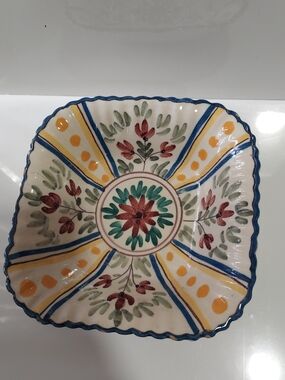 Hand-Painted Floral Ceramic Serving Bowl - Yellow, Blue, Green